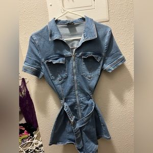 Denim Romper with belted waist from Oh Polly. Size 4 US.